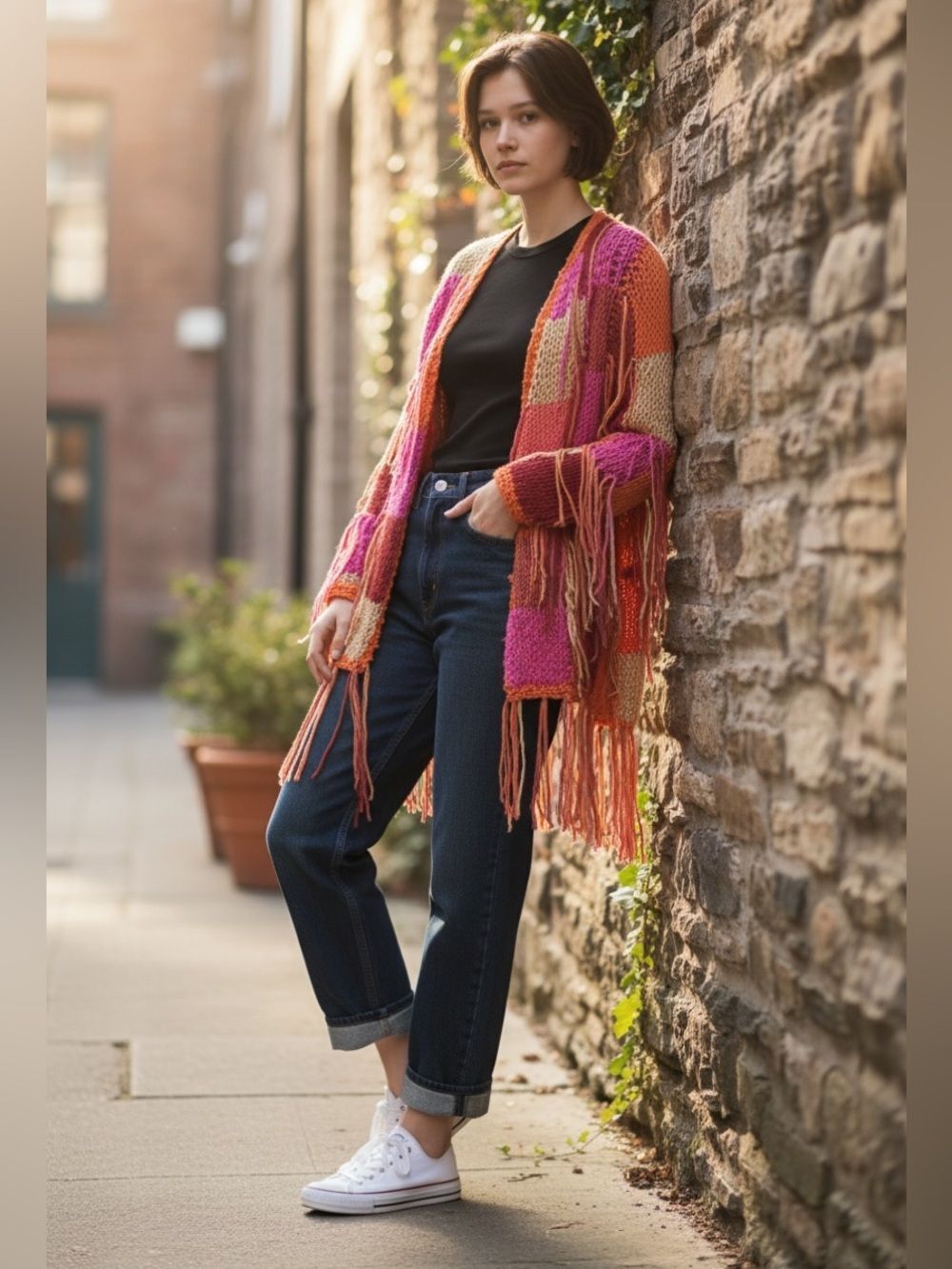 One of a kind hand knit fringes open cardigan S
